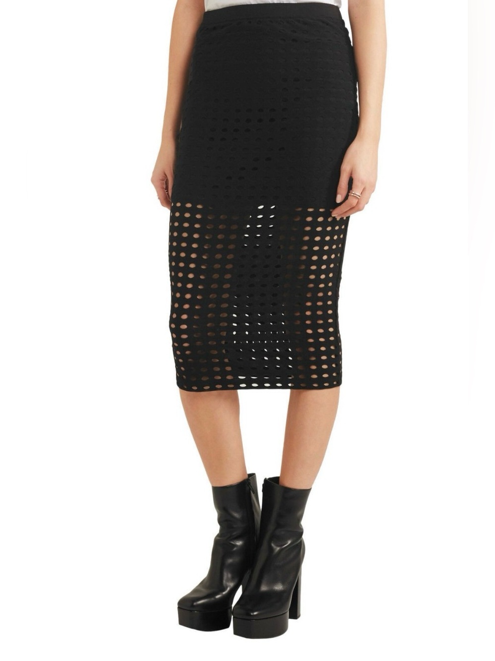T by Alexander Wang Lasercut Cut-out jersey black midi skirt